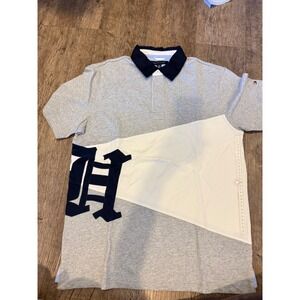 Tommy Hilfiger Mens Rugby Polo Shirt Gray Colorblock TH Logo Short Sleeve Size M